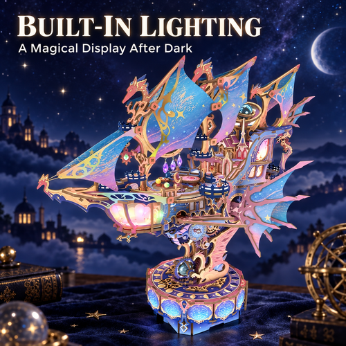 Magical Galaxy Celestial Airship 3D Wooden Puzzle – 519-Piece Model with Lights, Music & Moving Wings