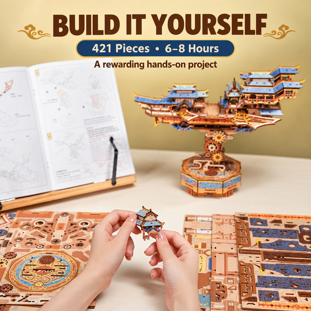 Tonecheer Wind Voyager 3D Wooden Puzzle – 421-Piece Mechanical Flying Ship Model Kit with Music & Moving Wings