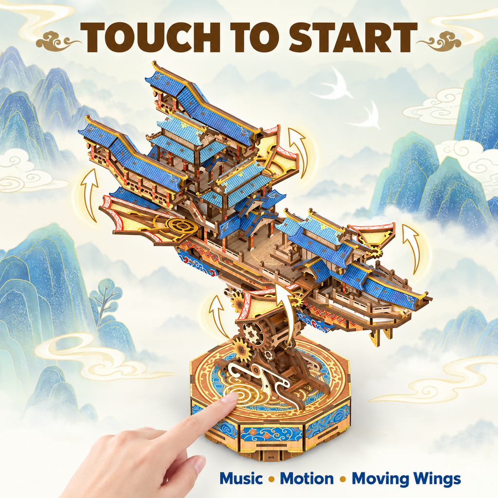 Tonecheer Wind Voyager 3D Wooden Puzzle – 421-Piece Mechanical Flying Ship Model Kit with Music & Moving Wings